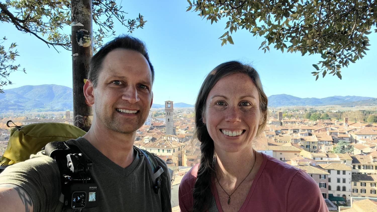 Mindful Roamers founders - Andrew and Ashley at the top of the Guinigi Tower in Lucca Italy